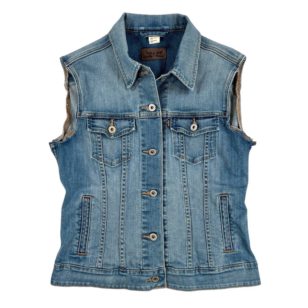 Levi's Denim Trucker Vest Womens Medium Blue Sleeveless Jean Jacket Red Tab